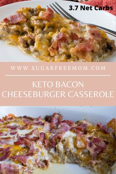 the keto bacon cheeseburger casserole has been cut in half and is ready to be eaten