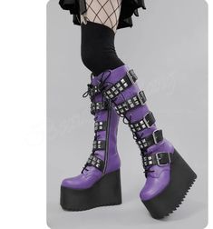 VCSHOES White Multi Buckle Decor Thick Heel Boots Wedges Heel Platform High Heels Women Shoes Big Size Zapatos Para Mujere 6-35 Purple Goth Shoes, Purple Platform Boots, Mh Aesthetic, Naruto Jewelry, Alt Shoes, Thick Heel Boots, Pastel Punk, Knee High Platform Boots, Goth Shoes