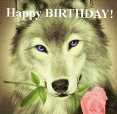 a happy birthday card with a wolf holding a rose