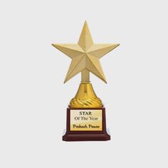 a gold star award trophy with a wooden base