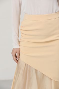 Fabric A (Shell): 68% Acetate 32% Polyester Fabric B (Shell): 50% Acetate 23% Rayon 27% Polyester Fabric C (Lining): 100% Polyester Color: Yellow Care: Hand wash This wrap skirt features the side ruching and two layered of contrast fabrics. Regular fit and mid waist. Gather panel at side. Invisible side zip closure. Tonal lined. This collection is a fusion of urban and natural. Inspired by finding peace and strength in the hectic urban life. Model is 173cm/5'8" tall and wearing a size S. Urban Life, Gathered Skirt, Finding Peace, Wrap Skirt, Side Zip, High Waisted Skirt, Polyester Fabric, Hand Wash, Skirt