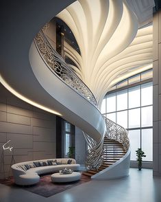 a spiral staircase in the middle of a living room with white furniture and large windows