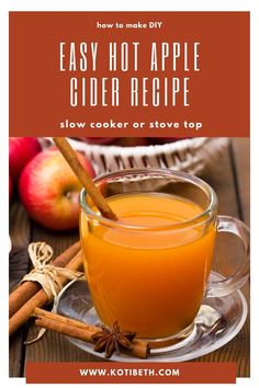 an apple cider recipe with cinnamon sticks and apples in the background