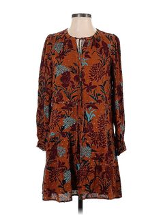 Daniel Rainn Casual Dress Size: X-Small Brown Dresses - used. 100% RAYON, Tie Neck, Print, Short, Long Sleeve | Daniel Rainn Casual Dress: Brown Print Dresses - Used - Size X-Small Casual Brown Viscose Dress, Floral Print Shift Midi Dress For Fall, Fall Printed Viscose Dresses, Fall Viscose Printed Dresses, Brown Casual Dress, Brown Dresses, Print Dresses, Short Long, Brown Dress