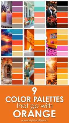 Color palettes with orange add a unique burst of bright warmth to any project, from crafts and home decor to other types of artwork. While orange goes especially well with fall themes, it can also bring a sunny and bright feel to any time of the year!  Visit our site to discover 9 inspiring color combinations that make great use of the color orange!  See more color inspiration at www.mymindseye.art Follow for color inspiration, printable coloring pages, and paper crafts fun! Great Color Combos, Paprika Color Palette, Orange And Cream Color Palette, Great Color Combinations, Colours That Go With Orange, Grey Orange Color Palette, Bright Orange Color Palette, Orange Palette Colour Schemes, Colors That Go With Orange