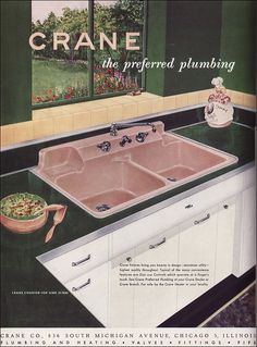 an advertisement for a kitchen sink with green walls and black counter tops, featuring pink granite