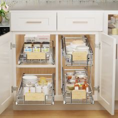 an open cabinet in a kitchen filled with dishes and condiments