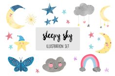 the sleepy sky illustrations set includes stars, clouds and rainbows