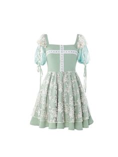 Dress / Top Details:Floral Embroidery / Lace-up Detail / Ruffle Trim / Smocked Elastic at Back / Square Neckline and Short Puff SleevesDress Waistline:High WaistFabric:Lace / OrganzaMaterial:Polyester / SpandexNeckline:Square NecklineSkirt Details:Tiered SkirtSleeves:Puff Sleeves  	 		 			Size 			S 			M 			L 		 		 			Bust 			81 			85 			89 		 		 			Waist 			62 			66 			70 		 		 			Full Length 			68 			69 			70 		 		 			Sleeve Length 			29 			30 			31 		 		 			Cuff 			26 			27 			28 		 		 			Hem Green Cute Dress, Cross Applique, Dress Ribbon, Puff Sleeves Dress, Fairy Goth, Green Cute, Goth Dress, Fairy Dress, Tier Skirt