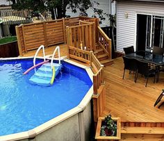 an above ground pool surrounded by wooden decking