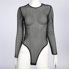 Gothic Fishnet Long Sleeve Bodysuit EG266 - Egirldoll Sheer Mesh Stretch Swimwear, Summer Long Sleeve Mesh Bodysuit, Stretch Mesh Long Sleeve Bodysuit, Party Swimwear With Mesh Back And Stretch, Stretch Mesh Top With Hollow Out For Party, Stretch Mesh Top With Hollow Out Details For Parties, Party Bodysuit With Stretch Mesh Back, One-piece Mesh Bodysuit, Black Stretch Nylon Mesh Top