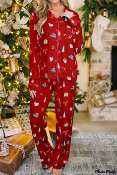 Olivia Mark - Festive Flannel Pajamas Drawstring Waist Pants, Half Sleeve Tops, Flannel Pajamas, Christmas Print, Christmas Pajamas, Shirt And Pants, Drawstring Pants, Christmas Prints, White Patterns