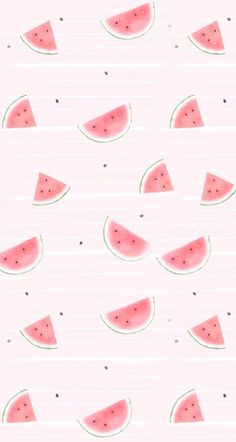 watermelon slices are arranged in rows on a pink background with horizontal lines and dots