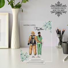 a card with an image of two people in space suits and text saying saving lives together