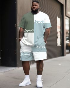 Designed with a splicing style, this mens short-sleeved T-shirt and shorts set features a dynamic color-block design in vibrant green, blue, and white. The artistic lettering print adds a unique touch, making this outfit a standout choice for any casual occasion. Its versatile design ensures you stay stylish and relaxed all summer long. Style: Short-Sleeved T-Shirt Shorts Set Design: Color Block, Blue, White, Green, Letter, Modern Fit: Loose Neckline: Crew Sleeve Length: Short Sleeve Occasion: C Casual Short Set For Summer Loungewear, Casual Summer Loungewear Short Set, Casual Summer Short Set For Loungewear, Casual Patchwork Sets, White Color Block Short Sleeve Set, White Color Block Short-sleeved Sets, Relaxed Fit Short Set For Summer Vacation, Casual Patchwork Short Sleeve Sets, Casual Patchwork Short-sleeved Sets