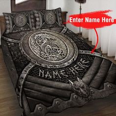 a bed with an image of a dragon on it and the words name here in red