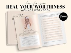 an open book with the title heal your worthinesss worksheet on it