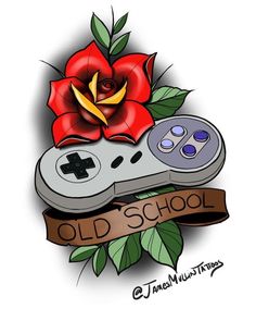 an old school tattoo design with a video game controller and a rose on the side