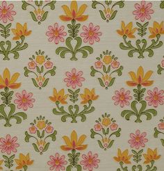 an old wallpaper with flowers and vines on it's side, in pink, yellow, green and orange colors