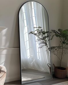 a large mirror sitting on top of a floor next to a potted plant