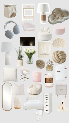 a collage of white and gold items including lamps, pillows, vases and other things