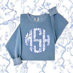 Perfect for chilly beachy nights or to look cute while being casual, this Preppy Blue Monogrammed sweatshirt will be a favorite for years to come! It also makes the best bridesmaid gift or for the "coastal grandmother" in your life. The chinoiserie print is loved by many! This custom crewneck sweatshirt brings both incredible quality and amazing style to the mix. Made with soft, ring-spun cotton fabric with 100% cotton threads, it sits unmatched when it comes to softness. All sweatshirts feature Light Blue Sweatshirt For Spring Loungewear, Blue Crew Sweatshirt For Spring, Blue Crew Neck Spring Sweatshirt, Blue Crew Neck Sweatshirt For Spring, Spring Light Blue Crew Neck Sweatshirt, Light Blue Crew Neck Sweatshirt For Spring, Blue Crew Neck Soft-washed Sweatshirt, Blue Soft-washed Crew Sweatshirt, Soft-washed Blue Crew Sweatshirt