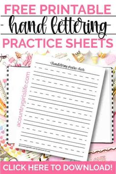 the free printable hand lettering practice sheets are on display with pink and white background