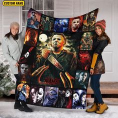 two women holding up a blanket with halloween characters on it and the words custom name