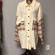 Nwt Color Block Design Cream Gauze Type Fabric With Plaid Flannel And Cream Thermal Knit Fabric Dark Metal Buttons. Design Has Raw Edges On Seams And Hem. Reminds Me A Lot Of True Religion Style Clothing Fabric Contents And Care Instructions Are In Photos Casual Beige Patchwork Tops, Beige Patchwork Top For Fall, Fall Patchwork Beige Top, Casual Brown Patchwork Blouse, Neutral Button-up Top For Fall, Fall Neutral Button-up Top, Casual Long Sleeve Neutral Shirt, Neutral Long Sleeve Casual Shirt, Beige Relaxed Fit Patchwork Tops