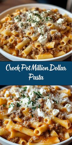 crock pot million dollar pasta with meat and cheese on top in a white bowl