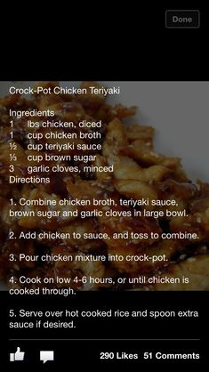 the recipe for chicken teriyaki is displayed on an iphone screen, with instructions to make it