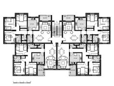 the floor plan for an apartment building with four floors and three levels, all in black and white