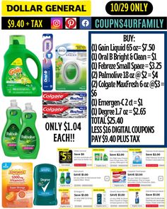 the flyer for dollar general is shown with coups and other items to be purchased