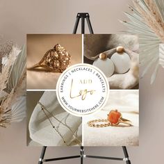 a collage of jewelry and accessories displayed on a tripod with an easel