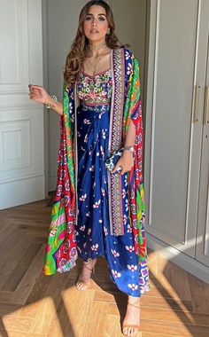 Indica Printed And Embroidered Multi Colour Cape Set Juhi Bengani - Fabilicious Fashion Garba Dress Indo Western, Multi Colored Outfit, Indo Western Outfits For Women, Indo Western Dresses For Women, Garba Outfit, Indian Dress Up, Garba Dress, Hand Embroidered Blouse, Cape Set