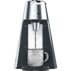 an image of a coffee maker with water in it's cup and ice on the side