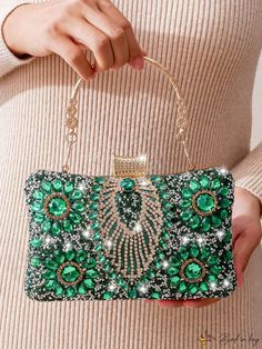 BirdinBag - Sparkling Rhinestone Clutch: Elegant Small Evening Bag for Party, adorned with Mini Decor Glamorous Green Clutch Bag, Green Rhinestone Clutch Evening Bag, Glamorous Green Bags With Rhinestones, Green Rhinestone Party Bag, Green Rhinestone Party Evening Bag, Glamorous Green Rectangular Clutch, Green Embellished Rectangular Evening Bag, Mini Decor, Rhinestone Clutch