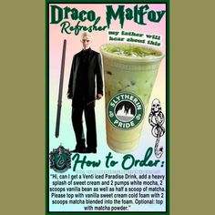 an advertisement for a drink called draco malfoy, featuring a man standing next to it