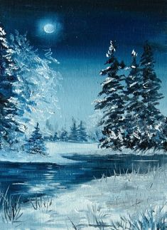 a painting of snow covered trees and water at night with the moon in the sky