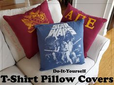 three pillows sitting on top of a couch with the words do - it - yourself t - shirt pillow covers