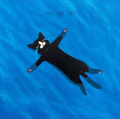 a painting of a black cat floating in the blue water with words written on it