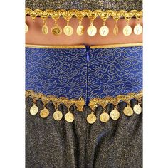 This gorgeous two-piece genie costume is a magical pick for any costume party. The crop-top buttons up the front and is trimmed with gold coins. The matching harem pants have a short zipper down the back to make slipping into these pants easy. A mysterious gold-trimmed veil tops off this mythical look, tying around the back of your head to keep it in place. Festive Harem Sets For Festivals, Gold Festival Sets, Bollywood Style Gold Sets For Festival, Bollywood Gold Sets For Festival, Gold Sets For Festival Celebrations, Gold Party Sets For Festival, Gold Sets For Celebration And Festival, Fitted Gold Sets For Costume Party, Bollywood Style Festive Harem Pants For Festivals