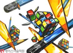 a drawing of some sort of art that looks like it is made out of rubix cubes and pens