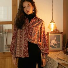 Aemi Vintage Paisley Floral Shirts Blouse Floral Shirts Women, Vintage Floral Shirt, Aesthetic Clothing Stores, Floral Shirts, Korean Clothes, Lantern Sleeved Blouses, Ladies Top, Long Sleeve Button Up Shirt, Pretty Blouses