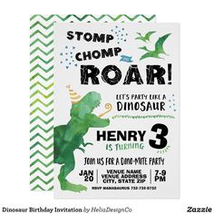 a dinosaur birthday party with green chevrons and black lettering on the front, and white