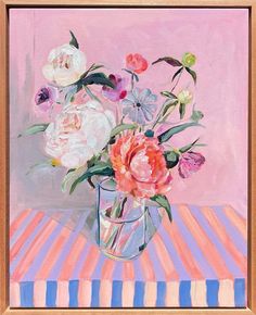 a painting of flowers in a vase on a striped tablecloth with pink and blue stripes