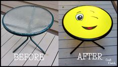 before and after photos of a table with a smiley face painted on it, the top is clear