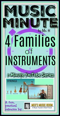 an advertisement for music minute featuring four families of instruments and the title, 4 minutes you'll be series