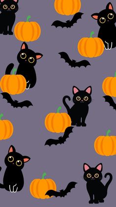 black cats and pumpkins on a purple background for halloween wallpaper or wrapping paper