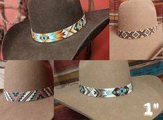 Western Fashion Jewelry, Southern Jewelry, Cowboy Hat Bands, Leather Cowboy Hats, Beaded Hat Bands, Bead Loom Designs, Hat Bands, Beaded Hat, Handmade Clay Jewelry